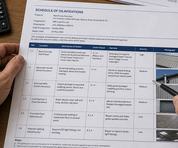 schedule of dilapidations for a warehouse on a desk being studied