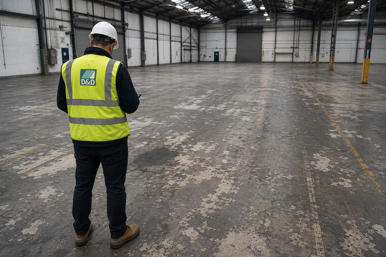 site survey floor inspection by surveyor hi-visibility vest
